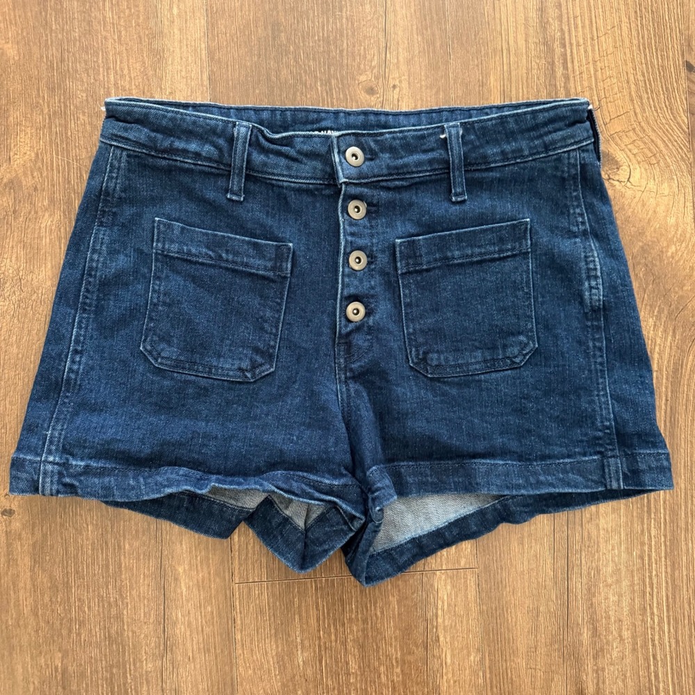 Old Navy Denim Shorts Womens 10 Dark Blue High Rise Button Fly Patch Pocket